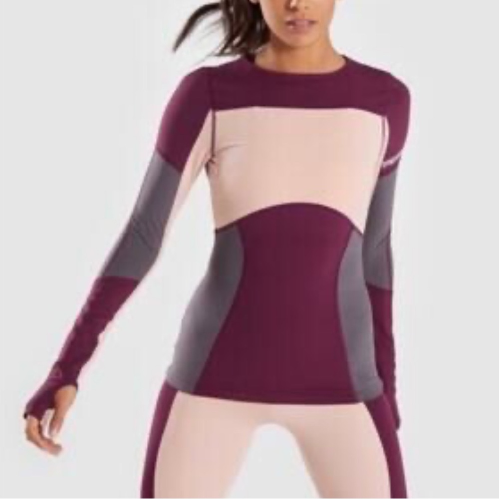 NWOT Gymshark Illusion Long Sleeve Top Dark Ruby/Blush Nude/Slate Lavender - Picture 9 of 9